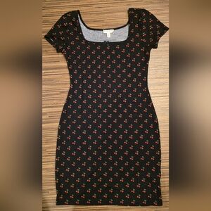 See You Monday Black Dress with Cherry Pattern